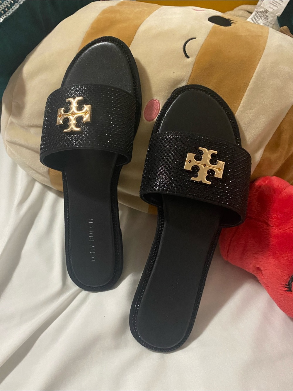 Tory Burch Black Crystal Logo Slide Sandals